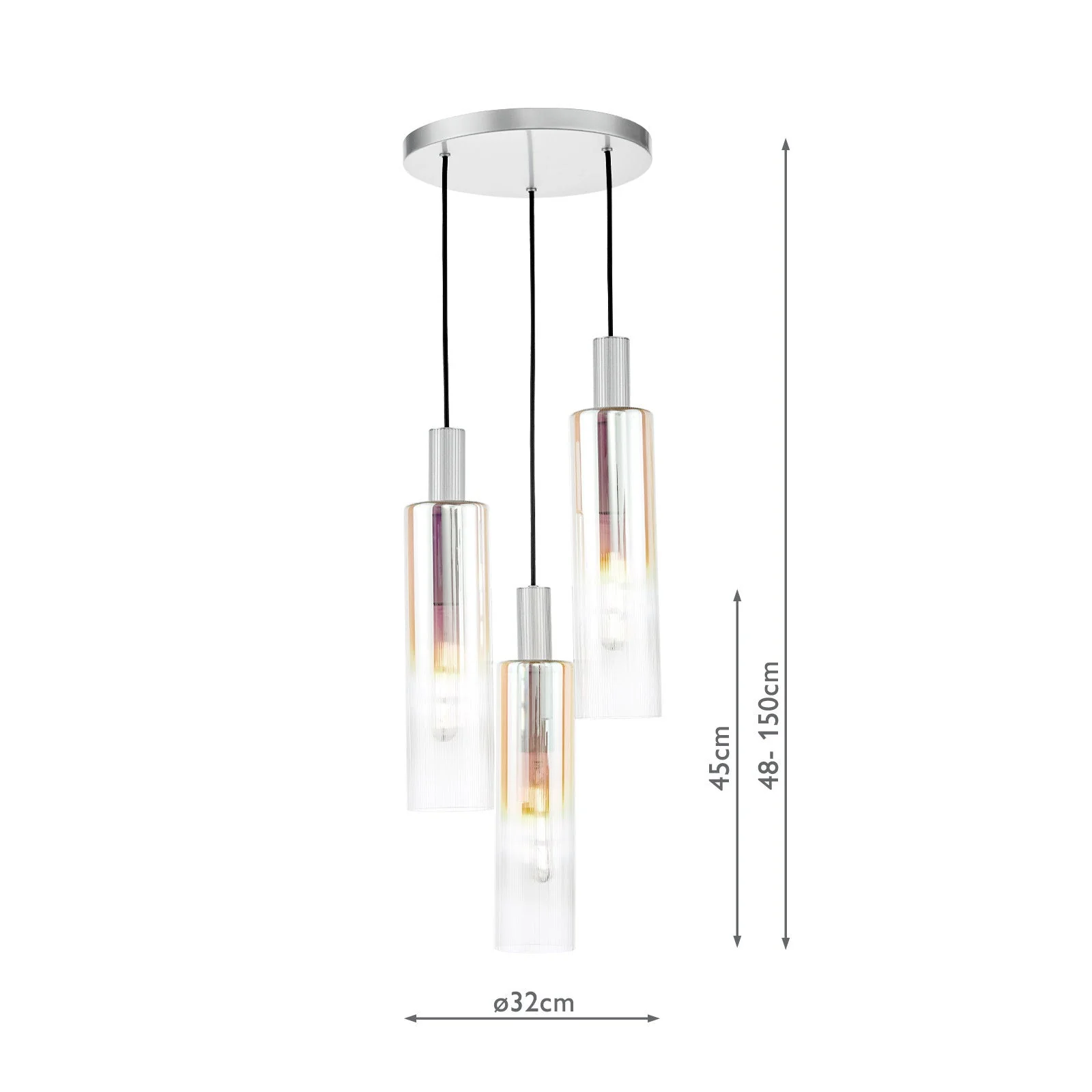 Ruben 3 Light Cluster Pendant Satin Silver and Ribbed Iridised Glass/Satin Black & Ribbed Glass E27 - Image 7