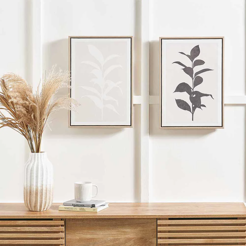 S/2 Natural and Black Leaf Print Canvases with Natural Frames - Image 5