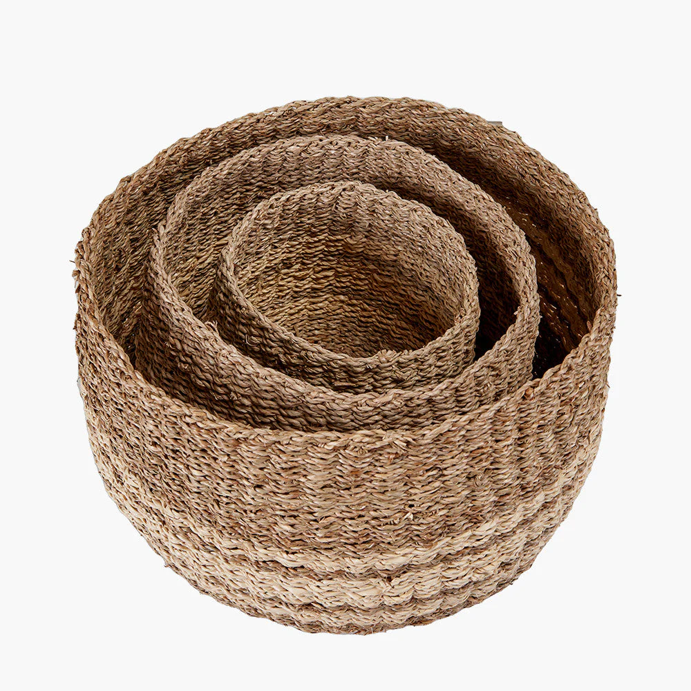 Set of 3 2-Tone Seagrass and Palm Leaf Natural Round Baskets - Image 4