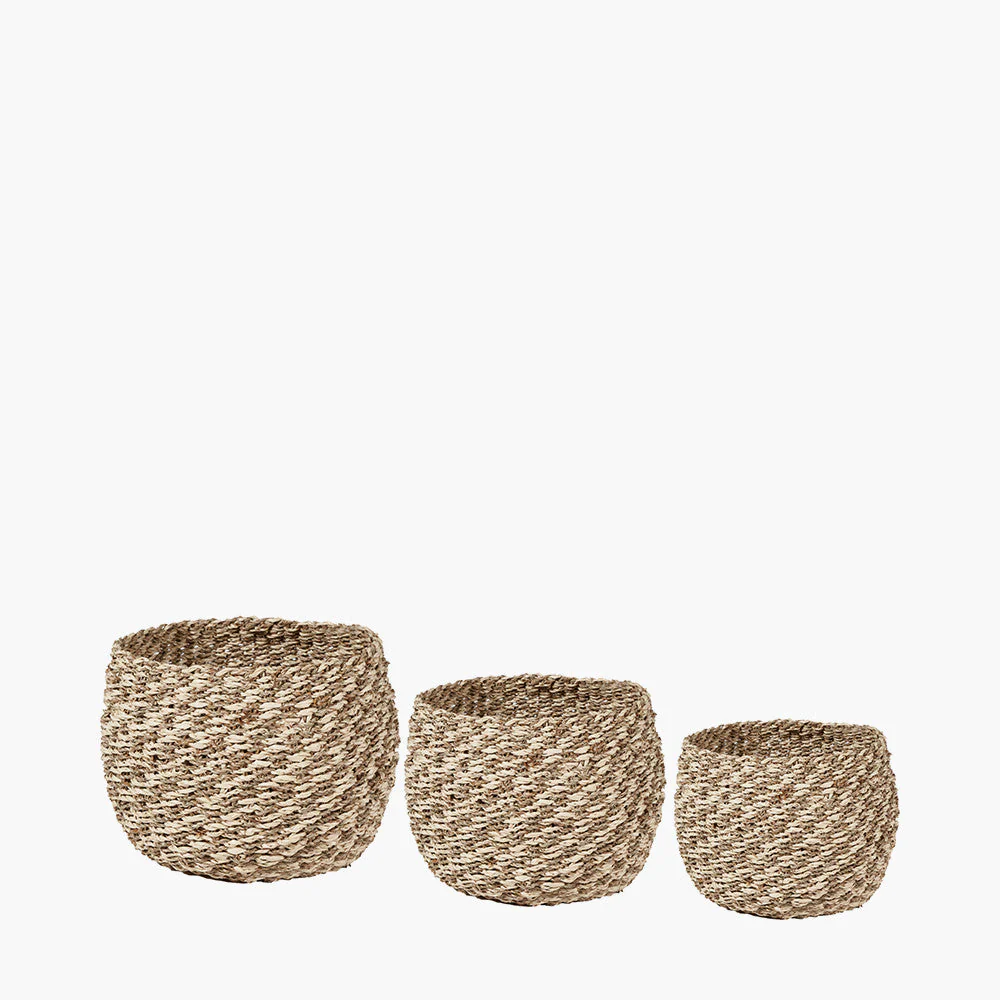 Set of 3 Seagrass and Palm Leaf 2-Tone Natural Plaited Round Baskets - Image 2