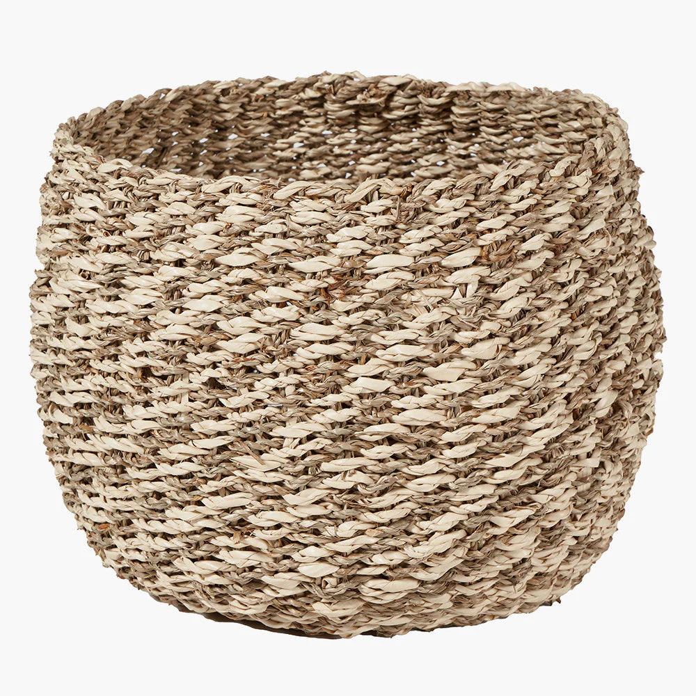 Set of 3 Seagrass and Palm Leaf 2-Tone Natural Plaited Round Baskets - Image 3