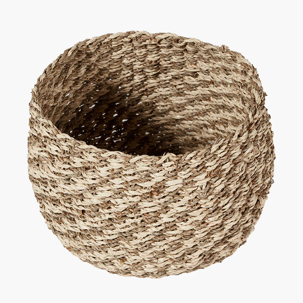 Set of 3 Seagrass and Palm Leaf 2-Tone Natural Plaited Round Baskets - Image 4