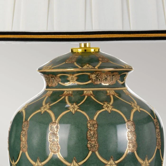 Sashi 1 Light Table Lamp With Tall Empire Shade - Green with Gold and Brown with Ivory with Black and Gold trim Shade - Image 4