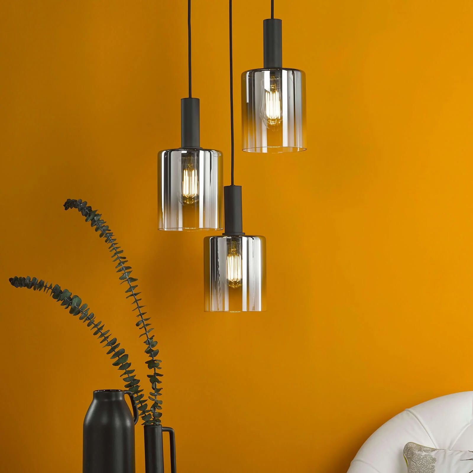 Savannah 3 Light Cluster Pendant- Matt Black and Smoked Glass/ Satin Gold and Gold Ombre Glass - Image 3