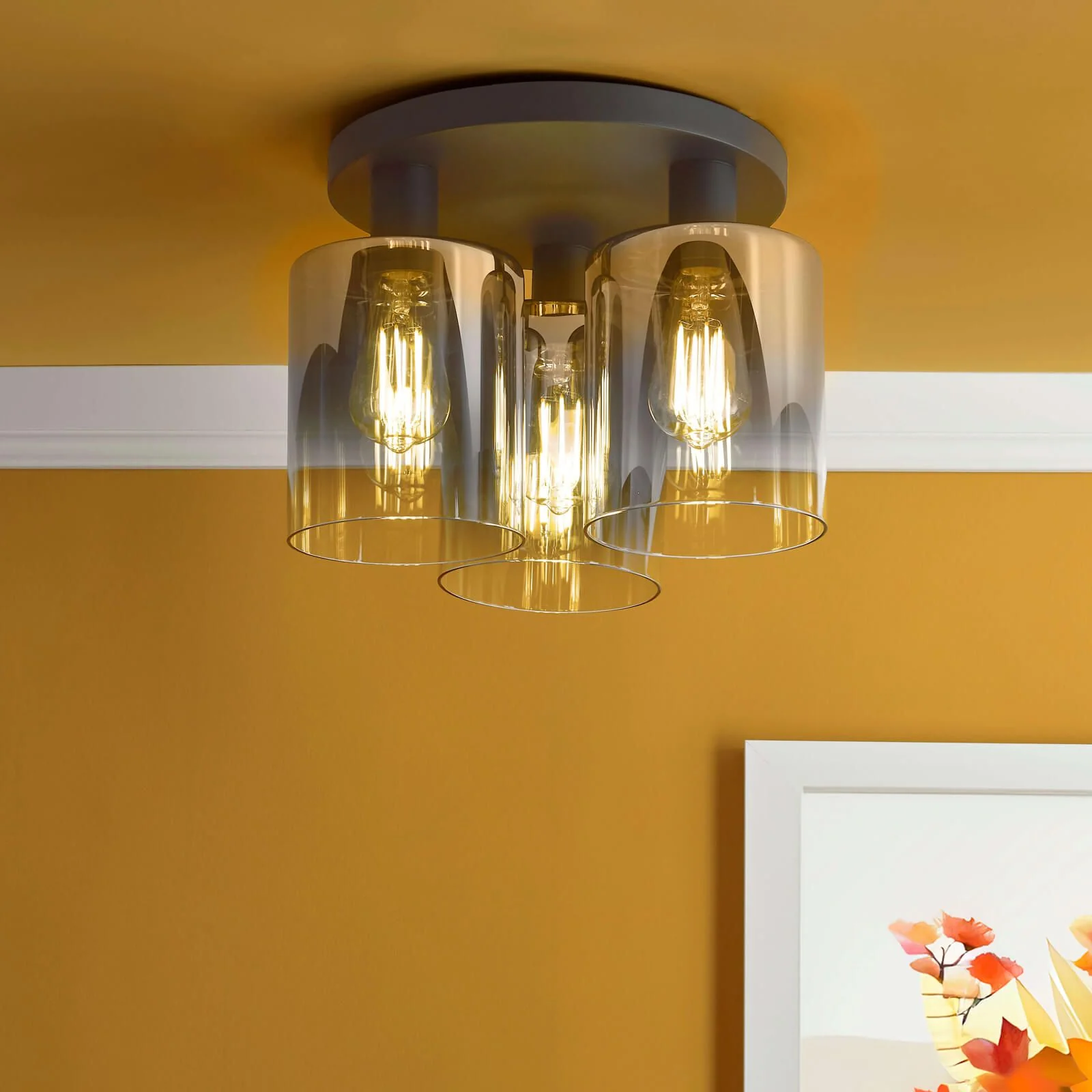 Savannah 3 Light Semi-Flush - Matt Black and Smoked Glass/ Satin Gold and Gold Ombre Glass - Image 2
