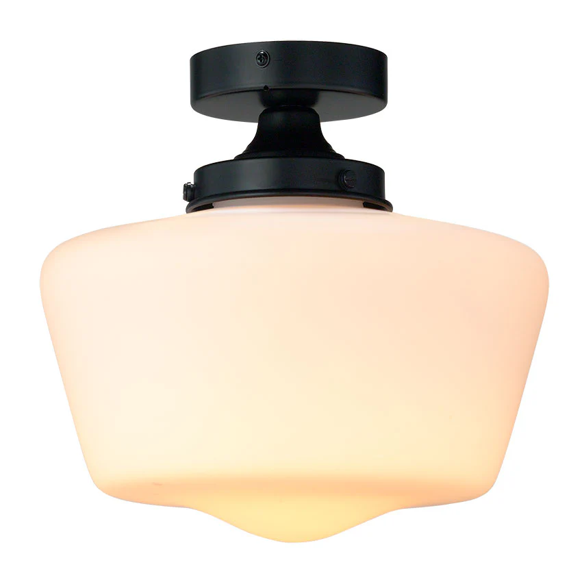 School House Semi Flush Bathroom Light IP44- Matt Black/ Antique Brass - Image 2