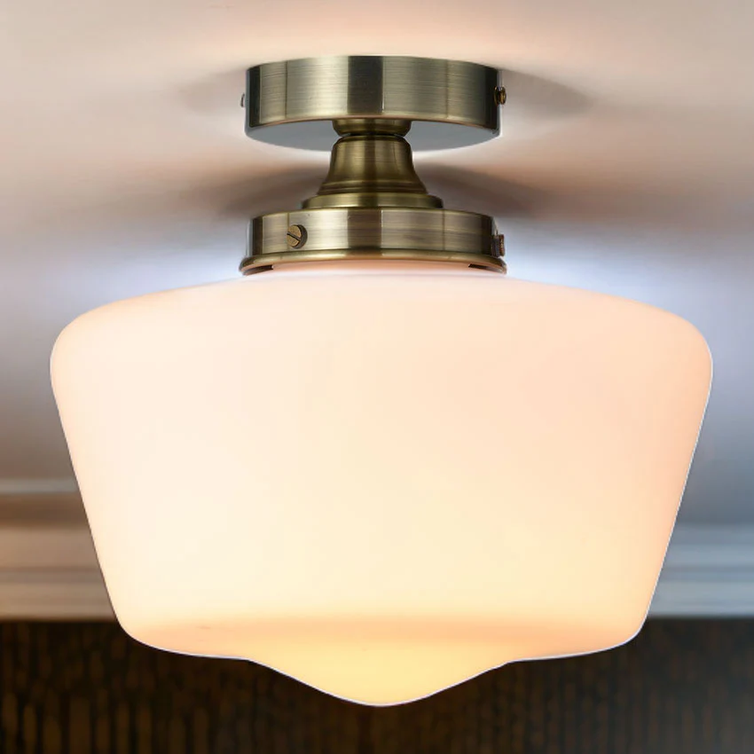 School House Semi Flush Bathroom Light IP44- Matt Black/ Antique Brass - Image 3
