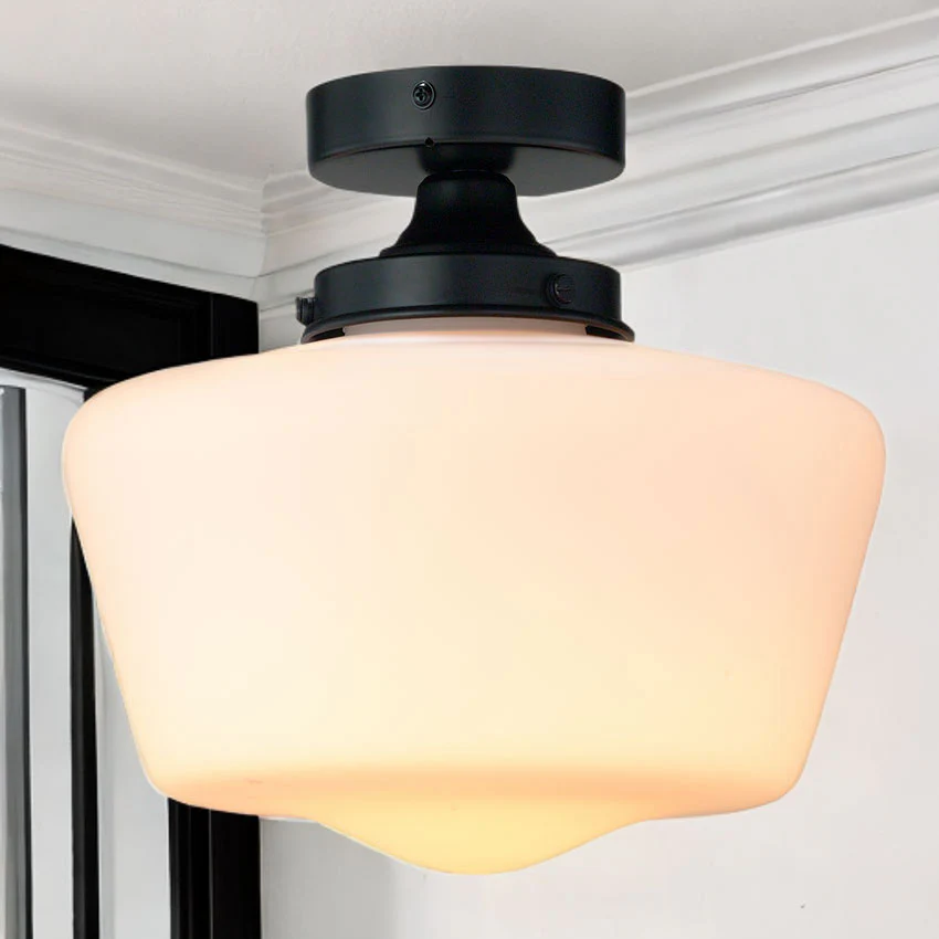 School House Semi Flush Bathroom Light IP44- Matt Black/ Antique Brass - Image 4