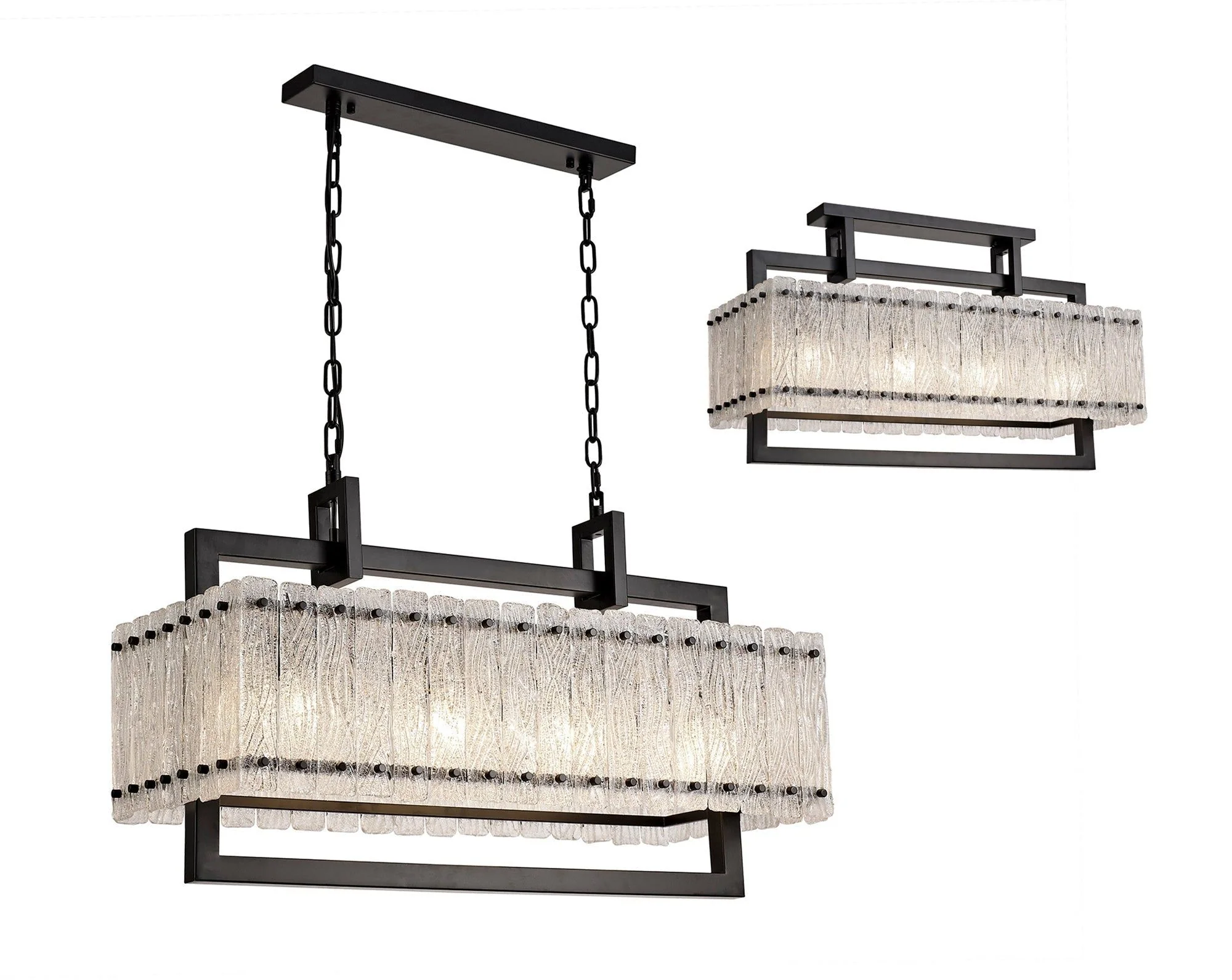Serenity Large Linear Pendant, 8/12 Light Matt Black/Crystal Sand Glass
