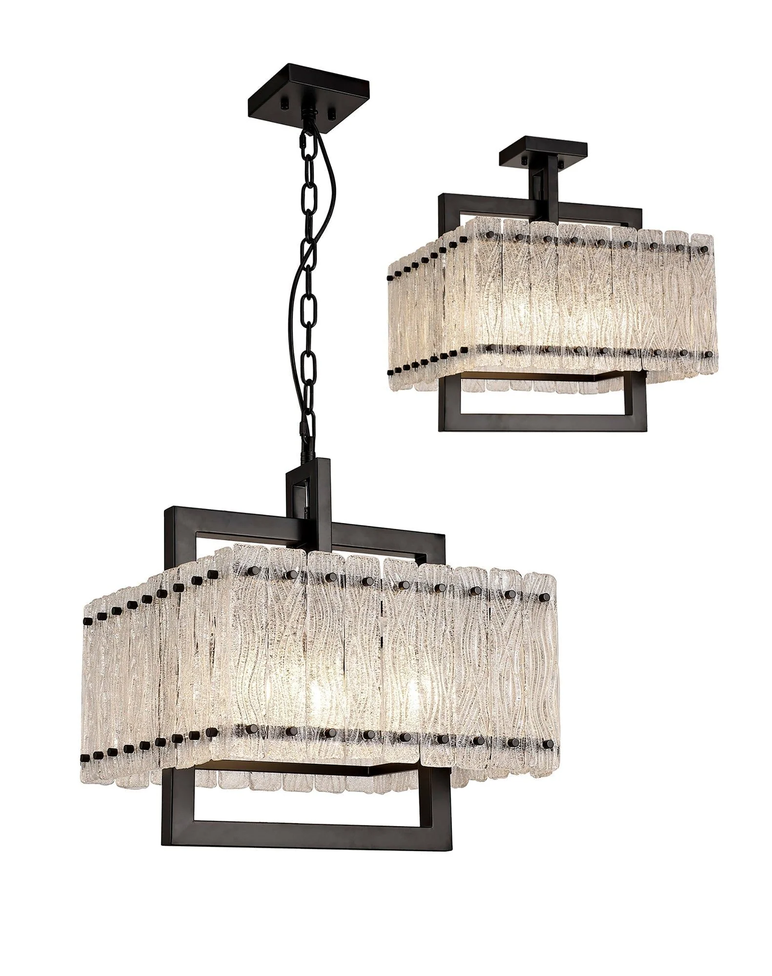 Serenity Large Square Pendant, 5 Light E27, Matt Black/Crystal Sand Glass