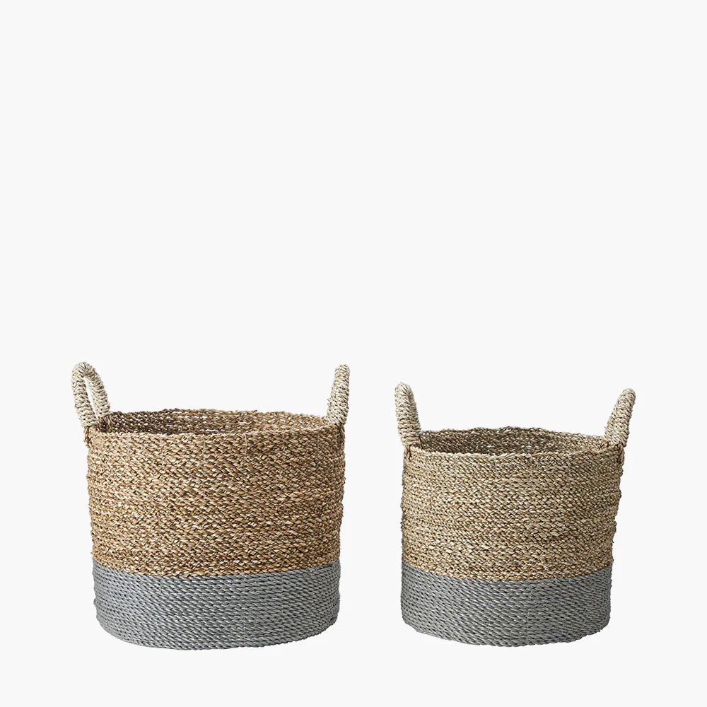 Set of 2 Banana Leaf Two Tone Natural and Grey Baskets