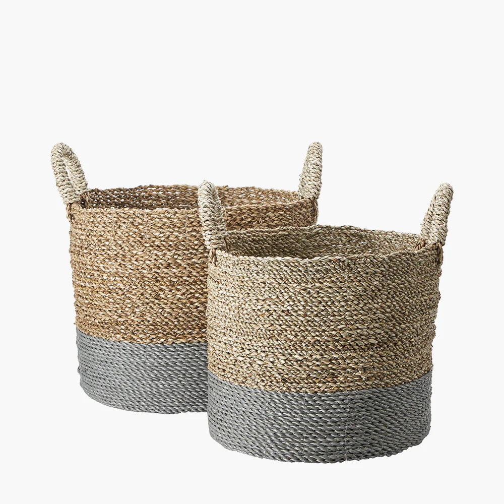 Set of 2 Banana Leaf Two Tone Natural and Grey Baskets - Image 2