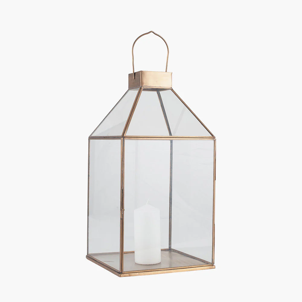 Shiny Brass Metal and Glass Square Lantern - Image 2