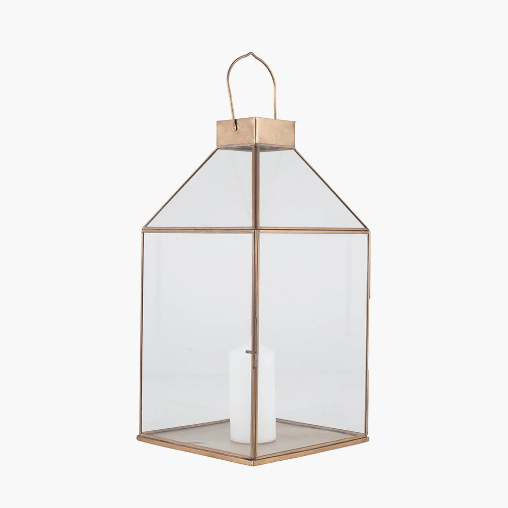 Shiny Brass Metal and Glass Square Lantern - Image 3