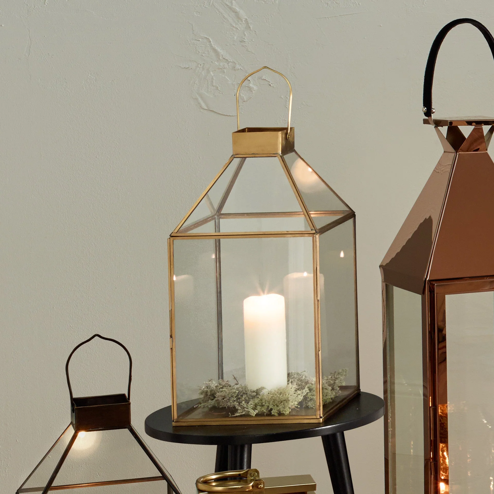 Shiny Brass Metal and Glass Square Lantern - Image 4