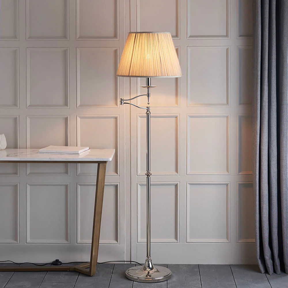 Sirius Swing Arm Floor Lamp Beige Shade - Antique Brass/Nickel Finish E27 - Image 12