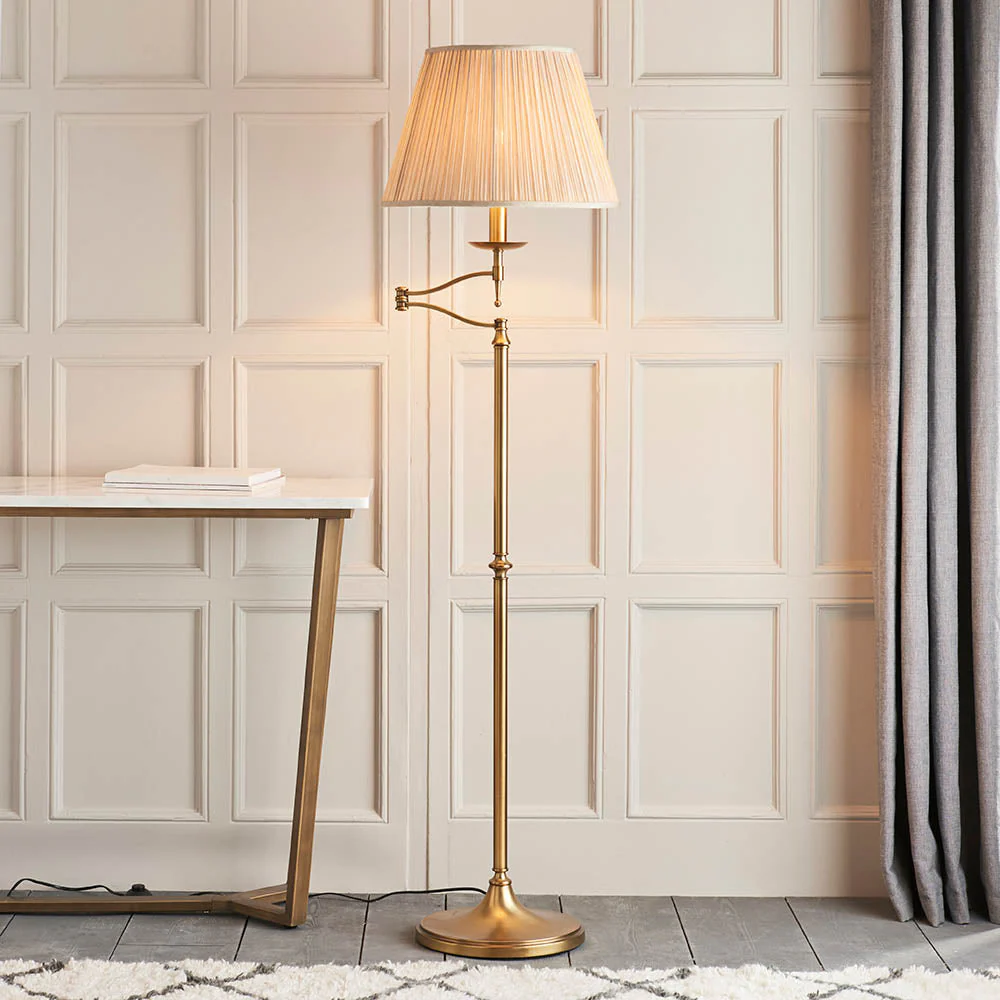 Sirius Swing Arm Floor Lamp Beige Shade - Antique Brass/Nickel Finish E27 - Image 2