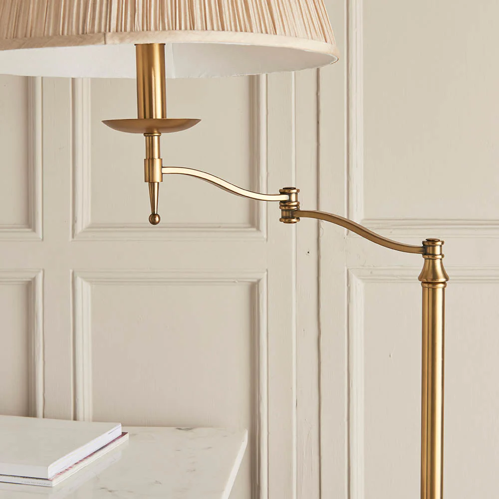 Sirius Swing Arm Floor Lamp Beige Shade - Antique Brass/Nickel Finish E27 - Image 5