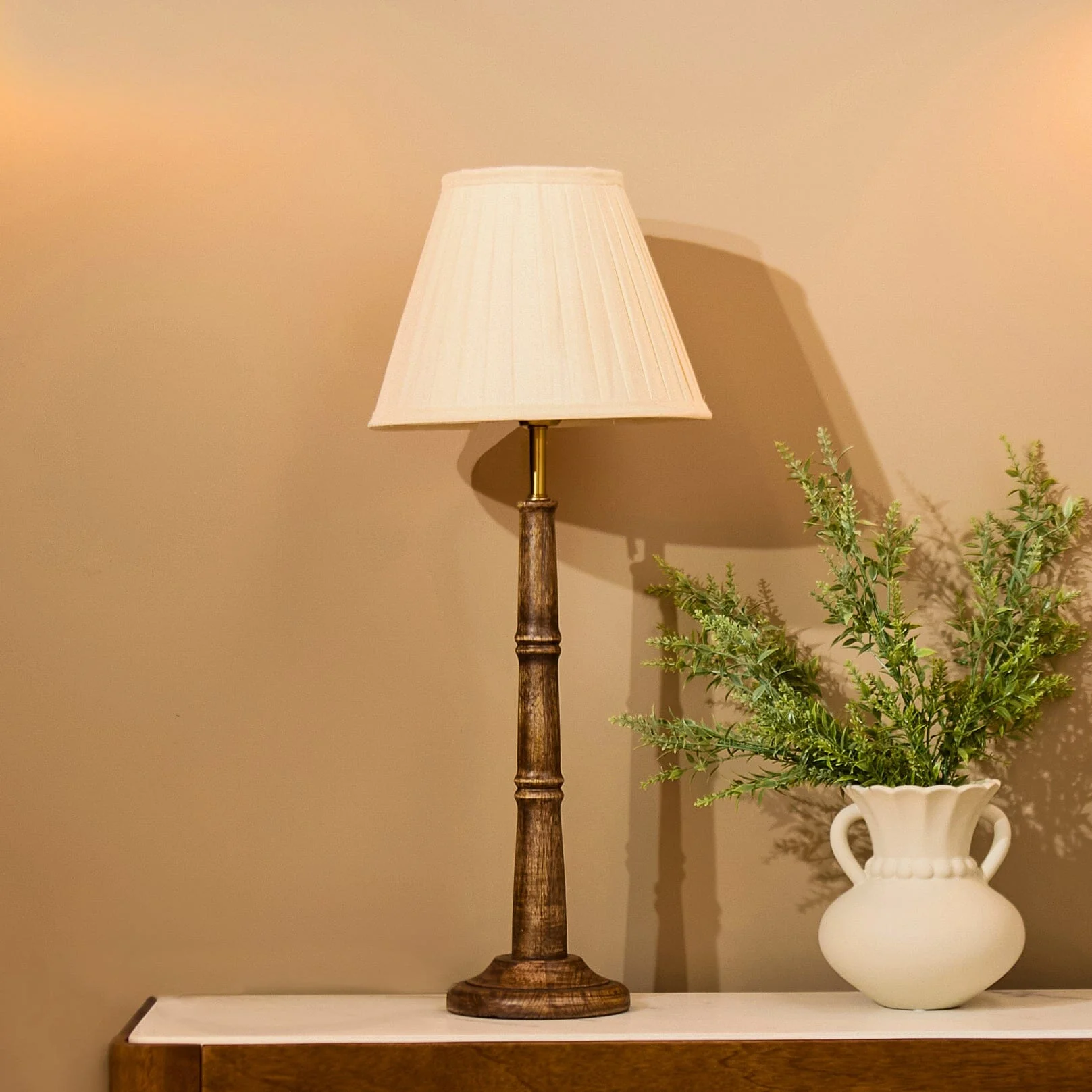 Howen Small Wooden Table Lamp- Neutral Lampshade - Image 2