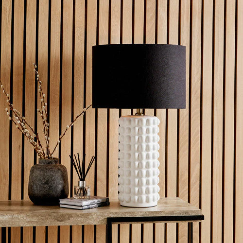 Sohan White Bobbled Ceramic Table Lamp Base with Black Linen Drum Shade - Image 5