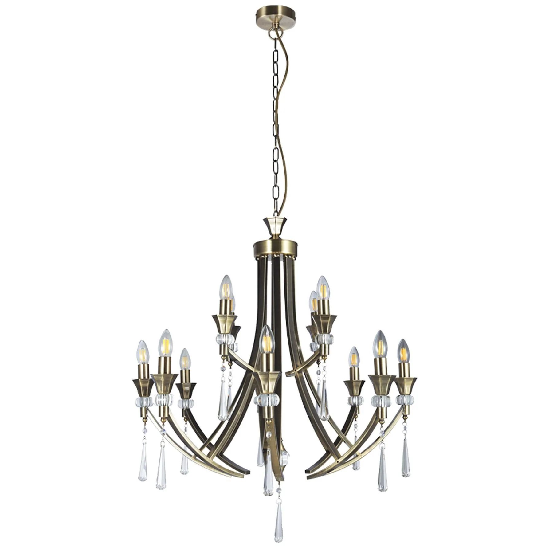 Sophia 12 Light Crystal Ceiling Light - Antique Brass/Satin Chrome Finish