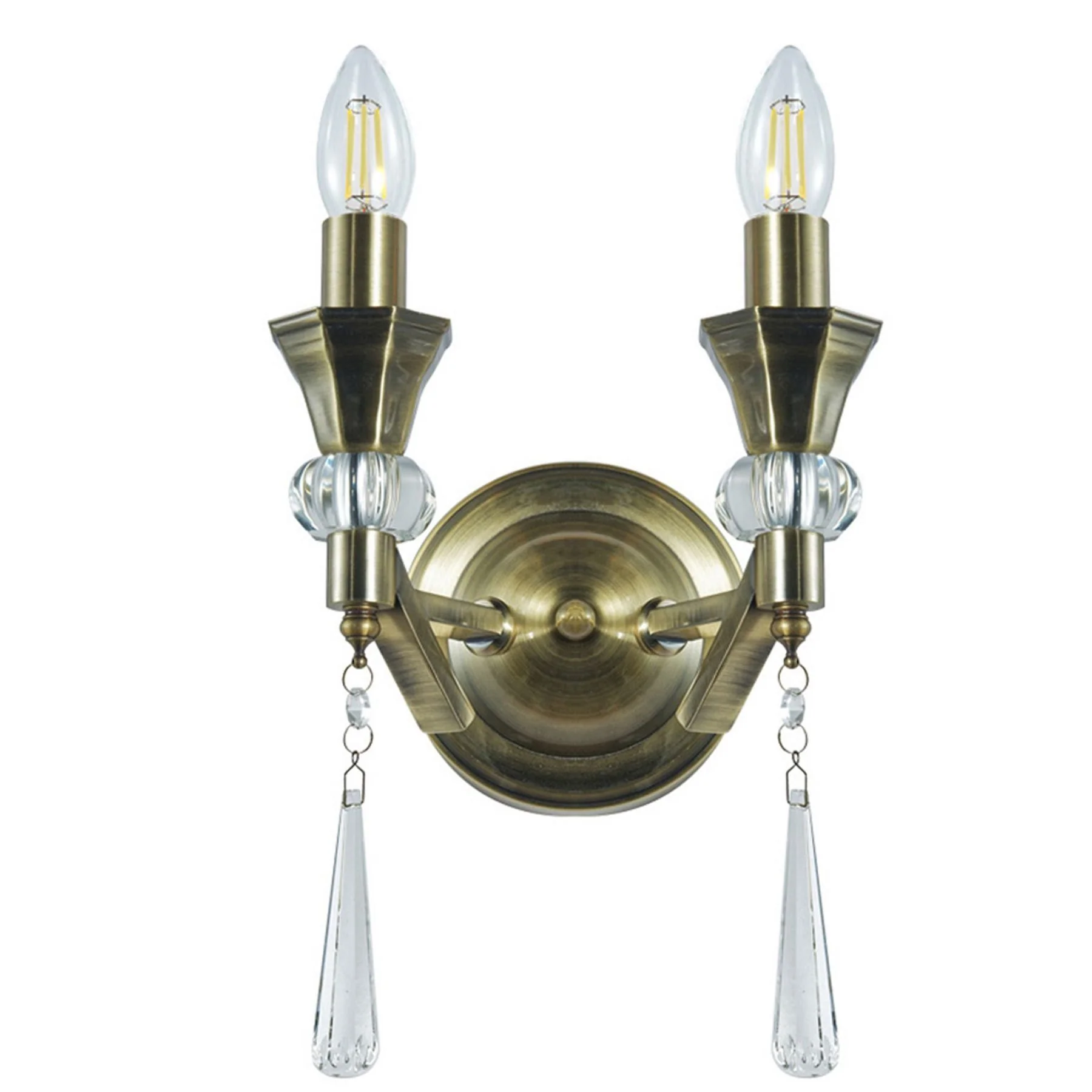Sophia 2 Light Crystal Wall Light - Antique Brass Satin Chrome Finish