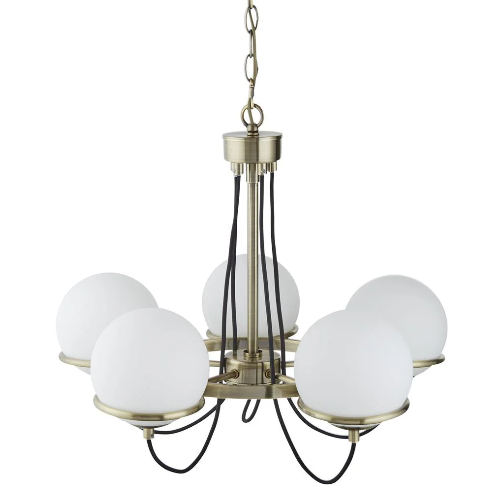 Sphere 5/8Lt Multi-Arm Pendant - Antique Brass Metal & Opal Glass