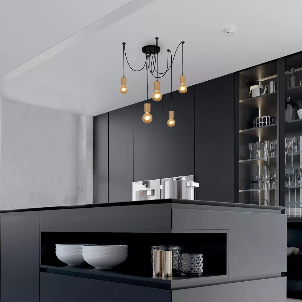 Spinny 5Lt Pendant - Wood & Matt Black Metal - Image 3