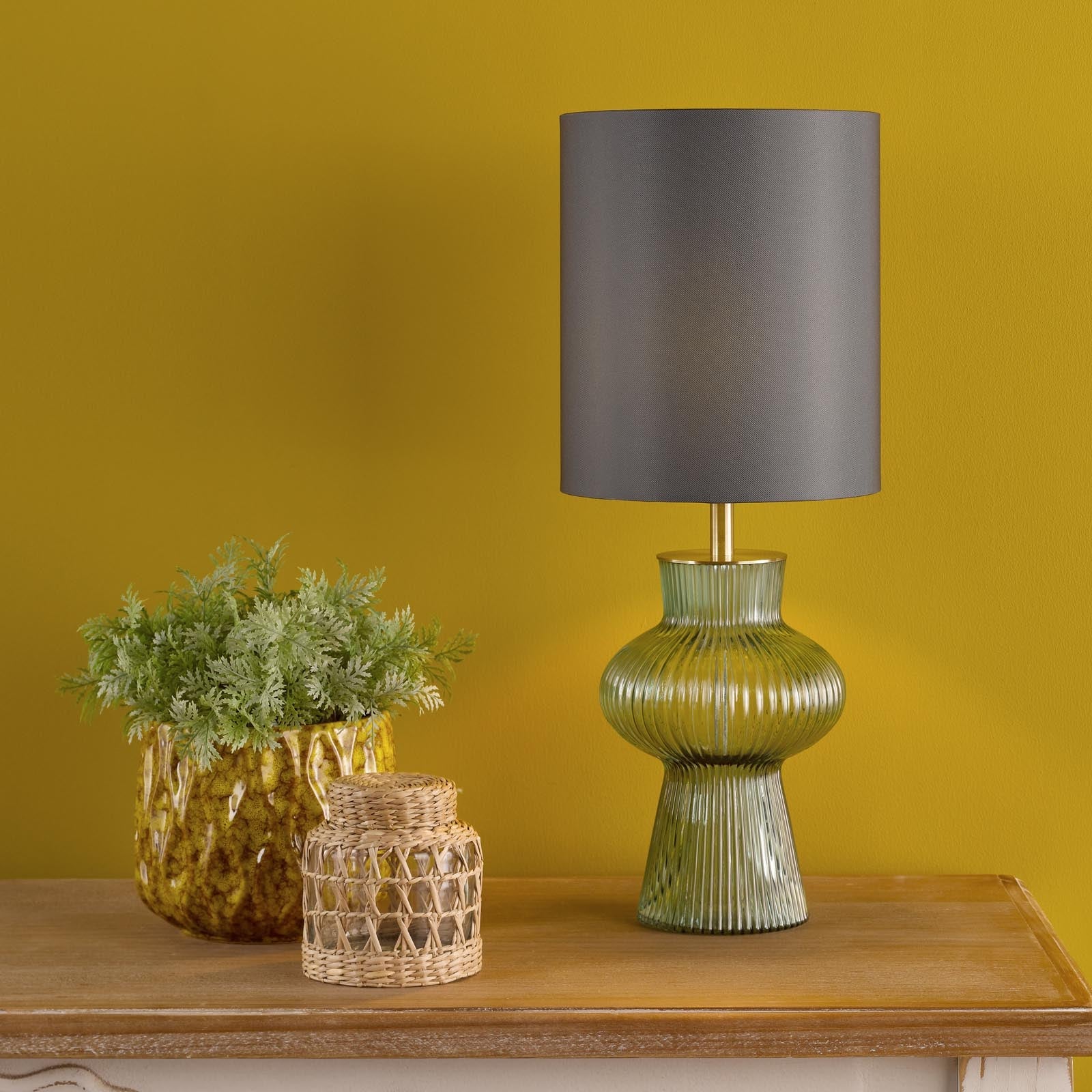 Suelita Table Lamp Brown/Green Ribbed Glass And Antique Brass With Shade E14 - Image 12