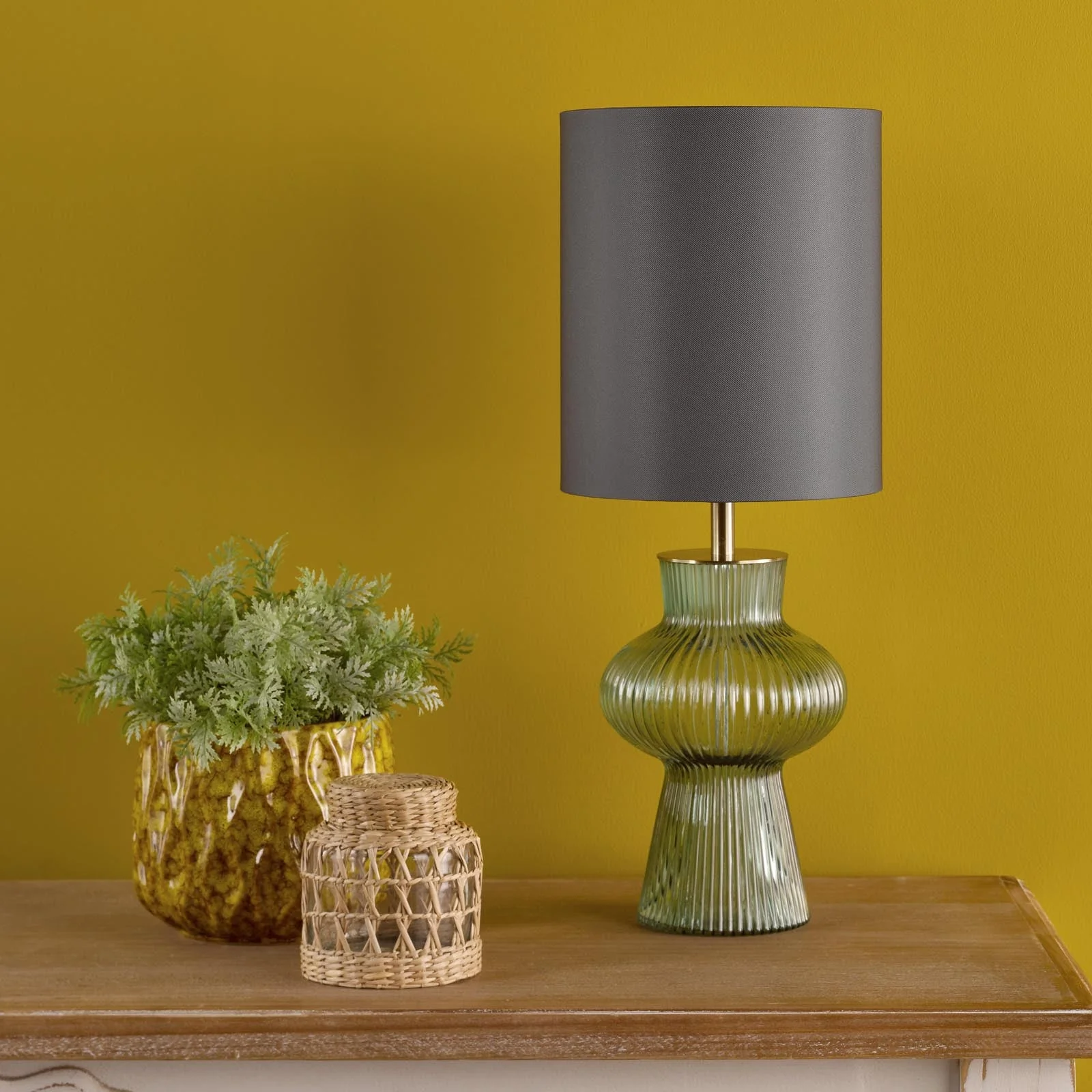 Suelita Table Lamp Brown/Green Ribbed Glass And Antique Brass With Shade E14 - Image 13