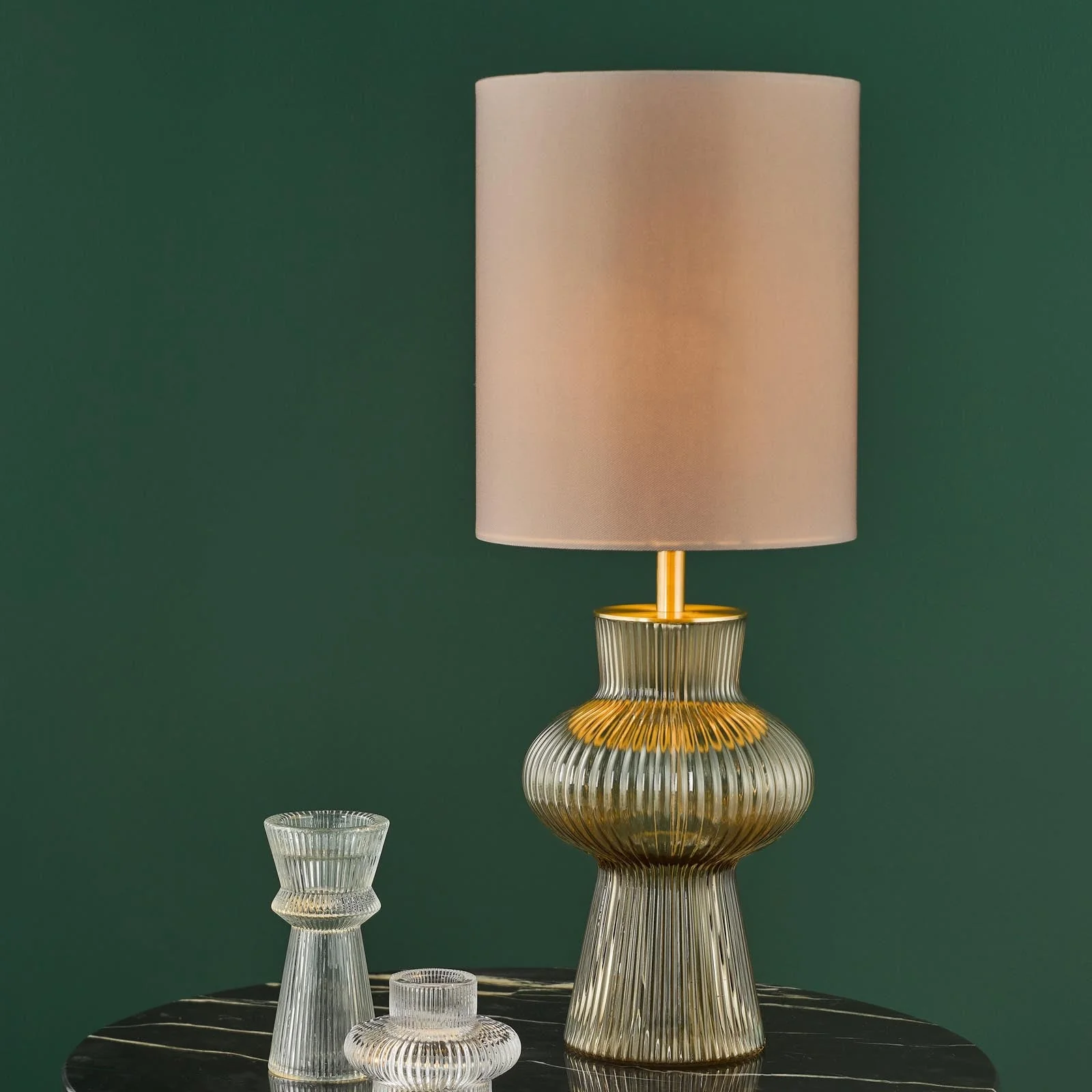 Suelita Table Lamp Brown/Green Ribbed Glass And Antique Brass With Shade E14 - Image 5