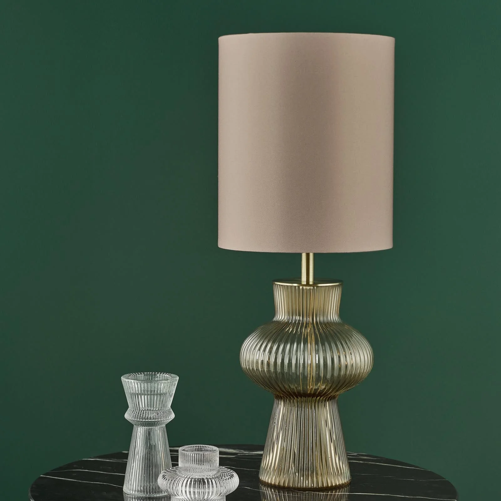 Suelita Table Lamp Brown/Green Ribbed Glass And Antique Brass With Shade E14 - Image 6