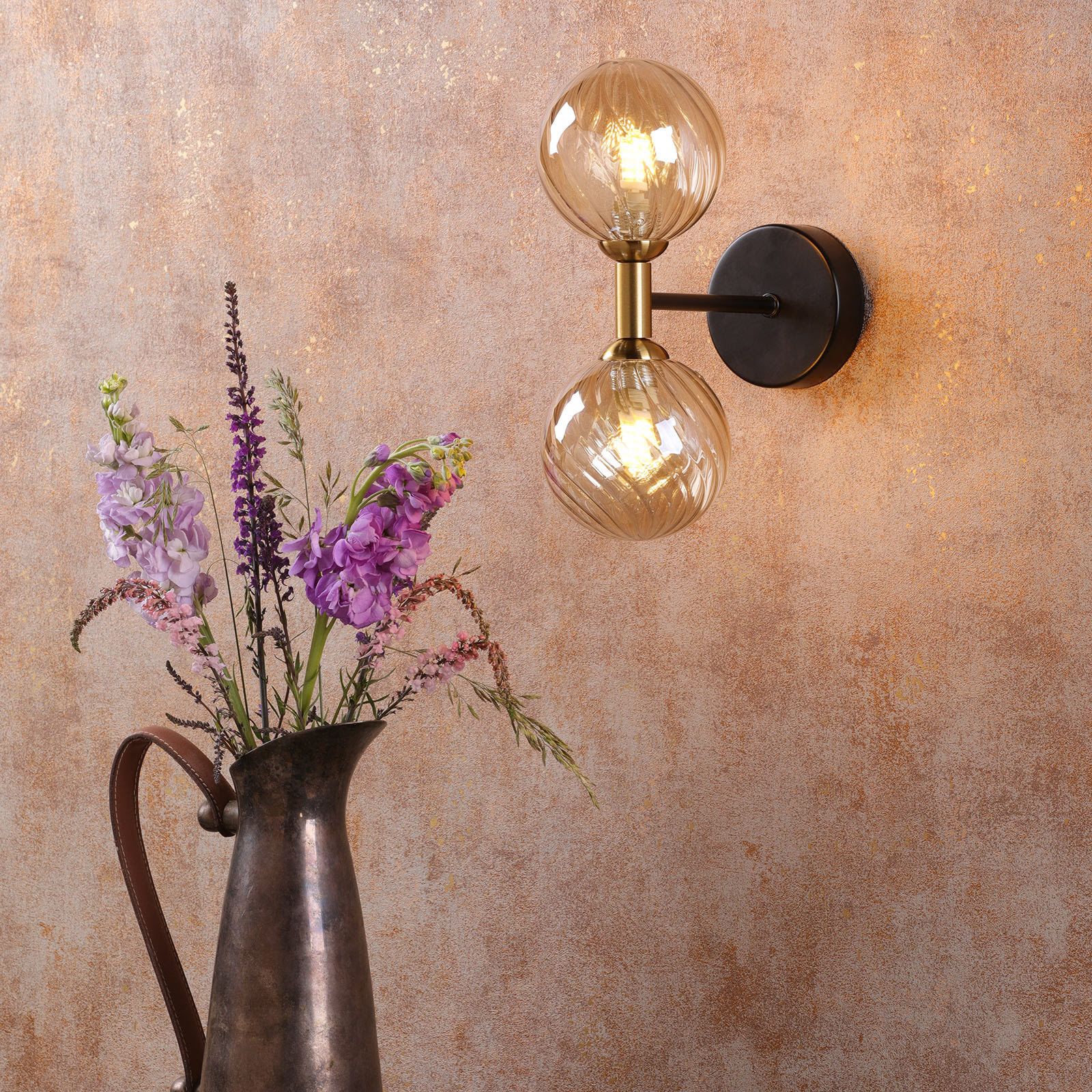 Takara 2 Light Wall Light- Matt Black and Bronze With Twisted Amber Glass - Image 3