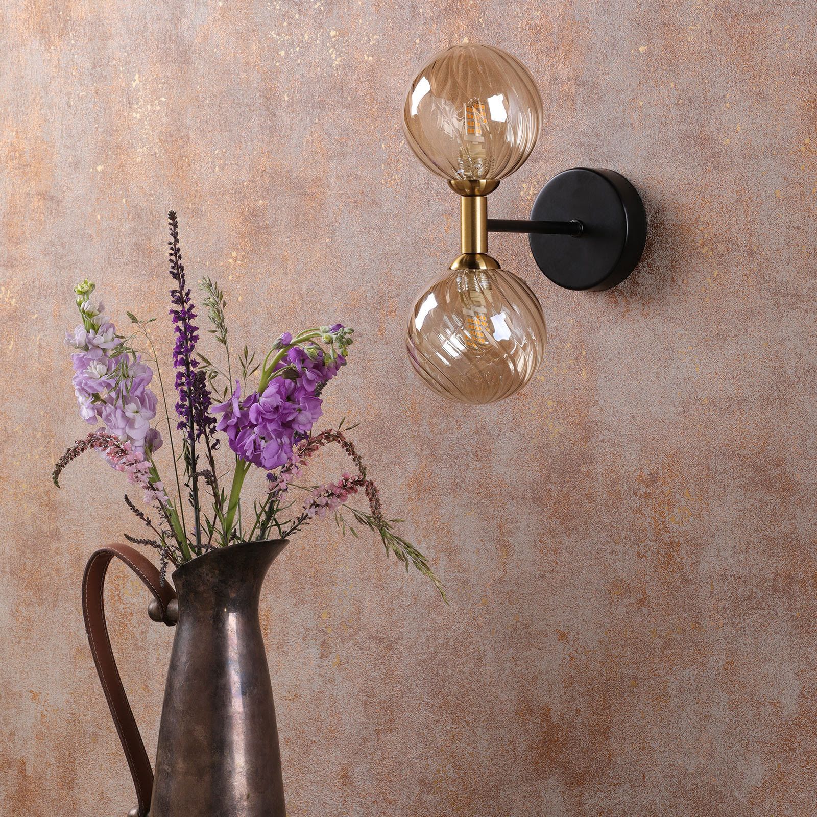 Takara 2 Light Wall Light- Matt Black and Bronze With Twisted Amber Glass - Image 4
