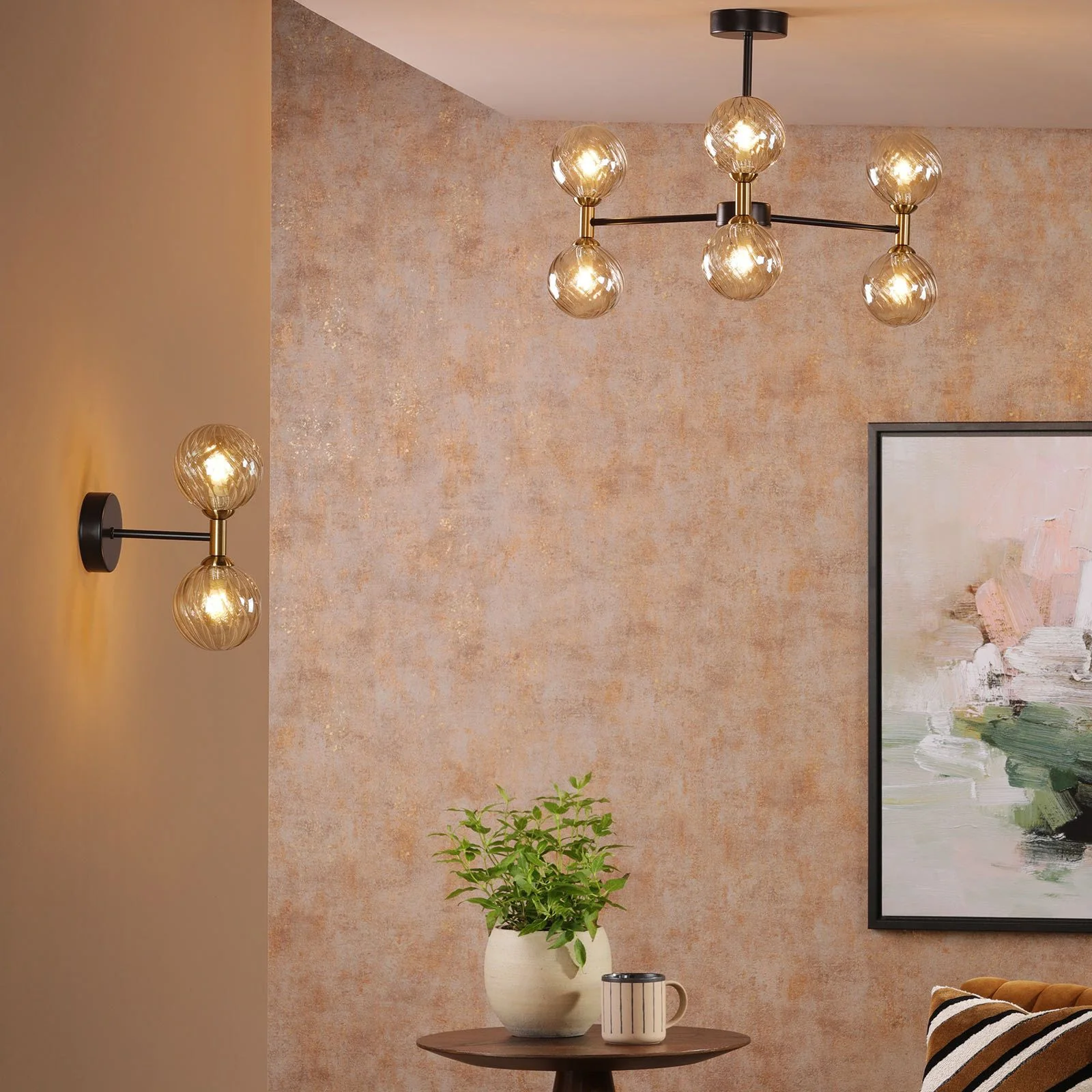 Takara 6/10 Light Semi-Flush Ceiling Light- Matt Black and Bronze With Twisted Amber Glass - Image 3