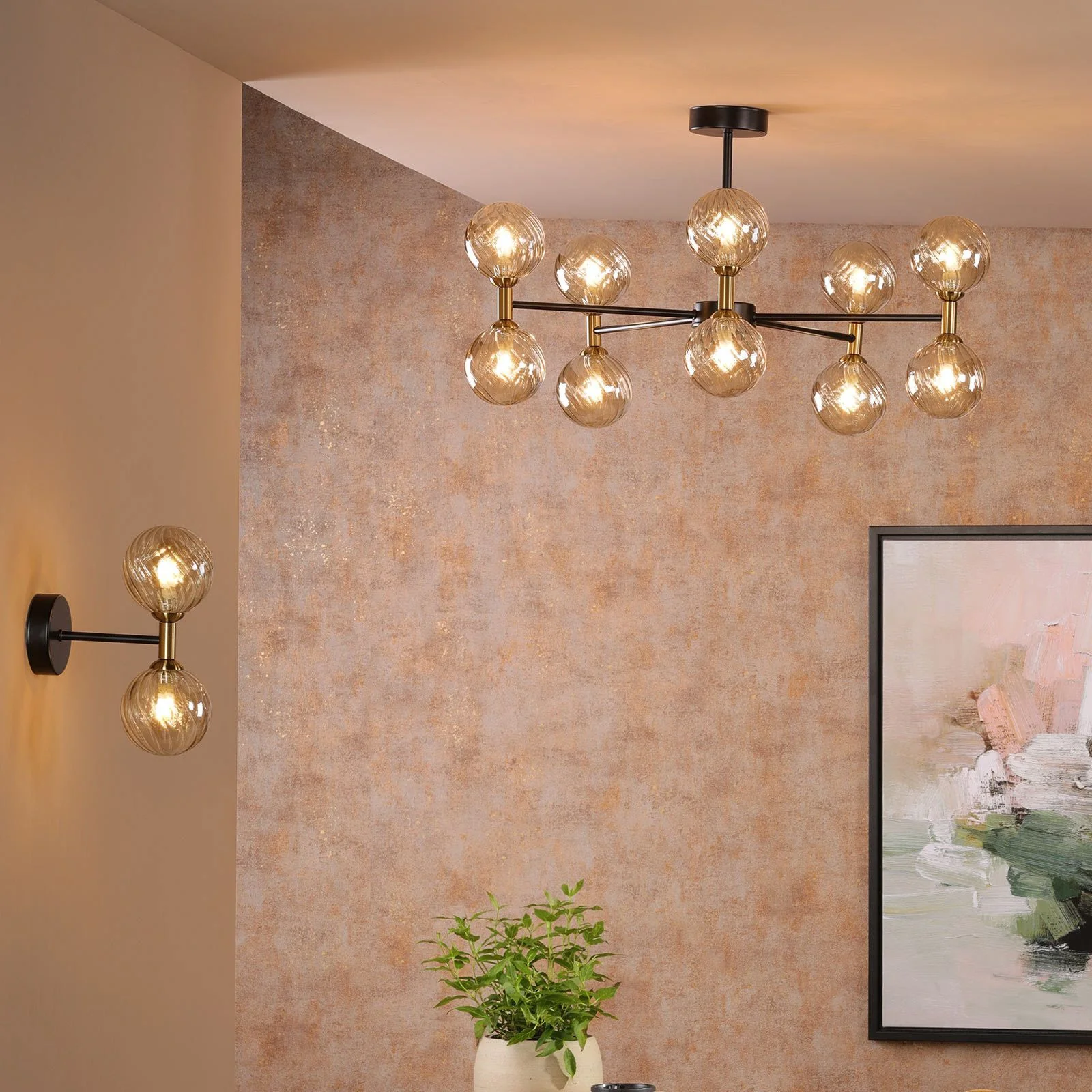 Takara 6/10 Light Semi-Flush Ceiling Light- Matt Black and Bronze With Twisted Amber Glass - Image 6