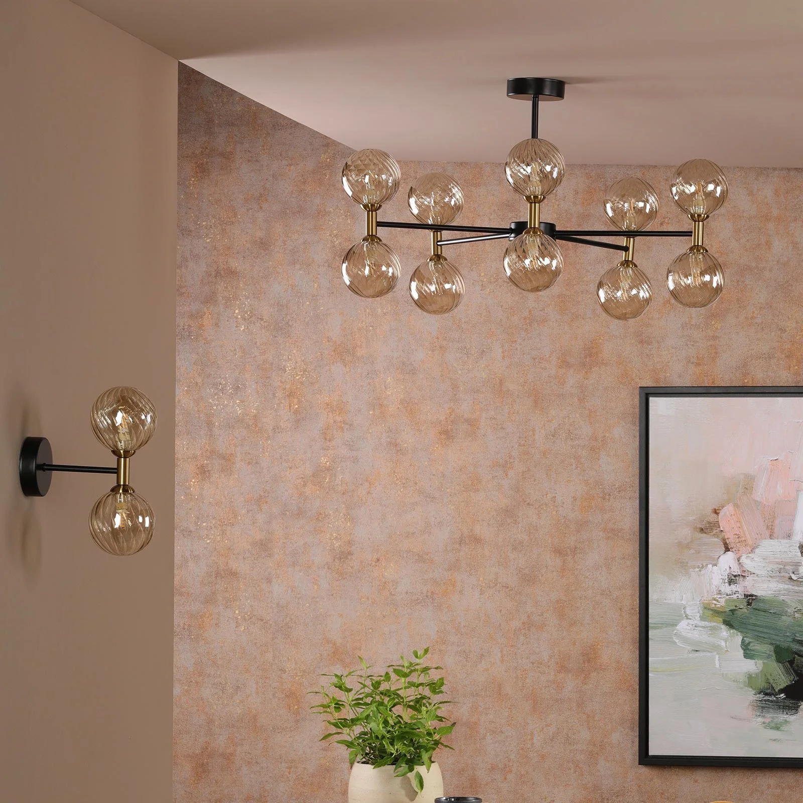 Takara 6/10 Light Semi-Flush Ceiling Light- Matt Black and Bronze With Twisted Amber Glass - Image 7