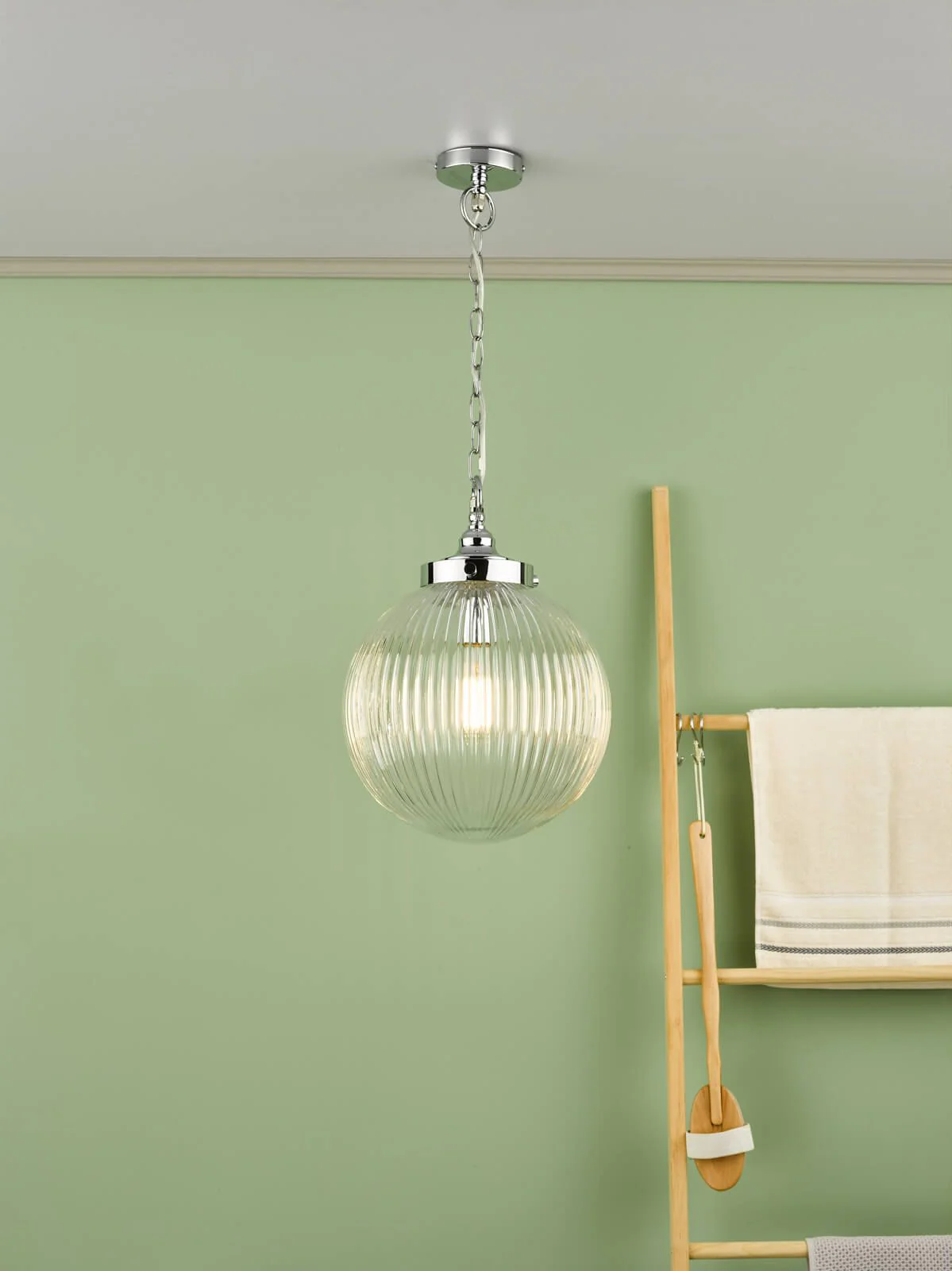 Tamara Bathroom Pendant Polished Chrome Ribbed Glass IP44 - Image 4