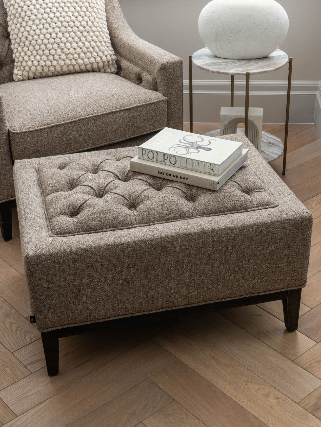Theodore Buttoned Stool - Ivory/Warm Grey Fabric - Image 15