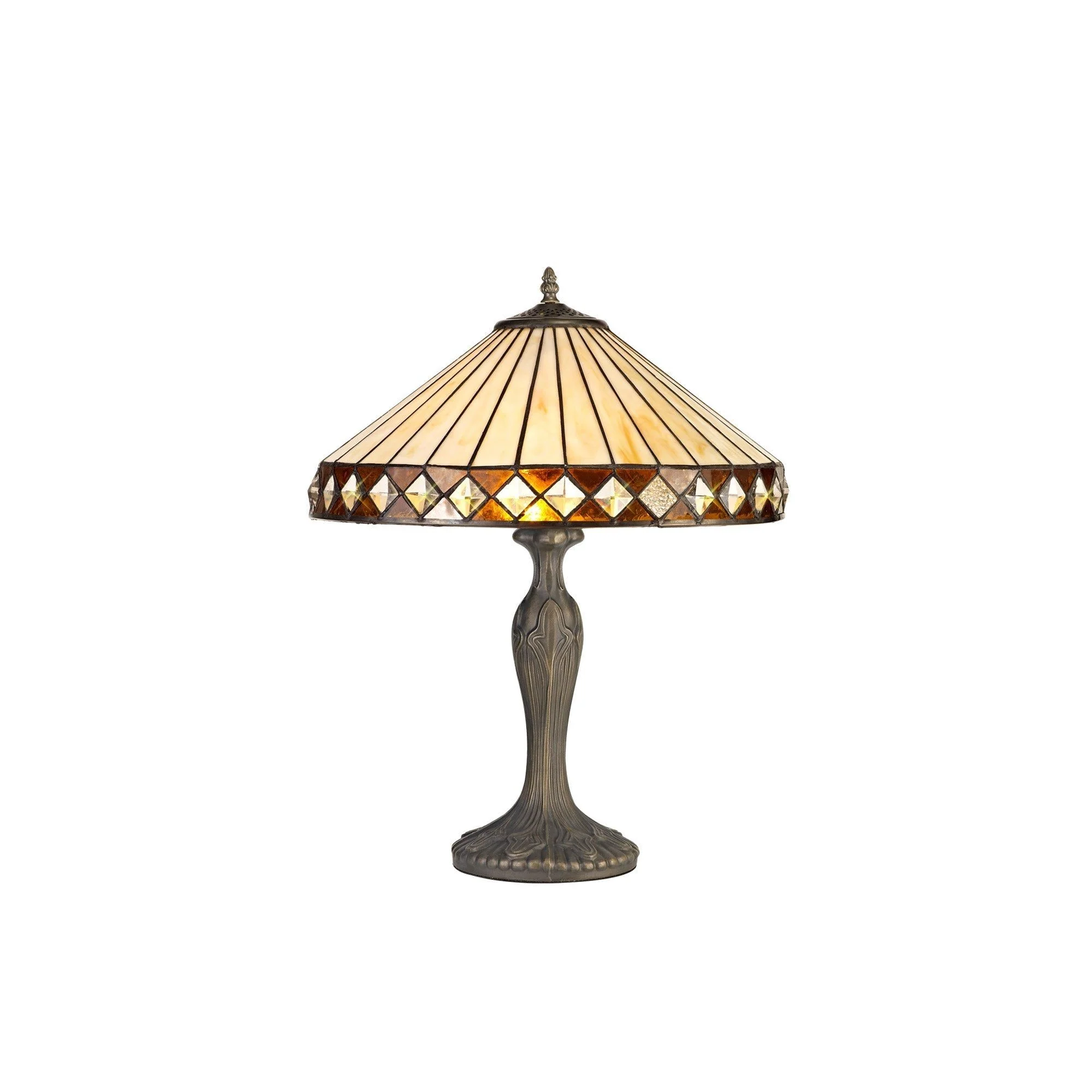 Tiffy 1 Light Curved Table Lamp E27 With 30cm Tiffany Shade, Amber/Cream/Crystal/Aged Antique Brass - Image 2