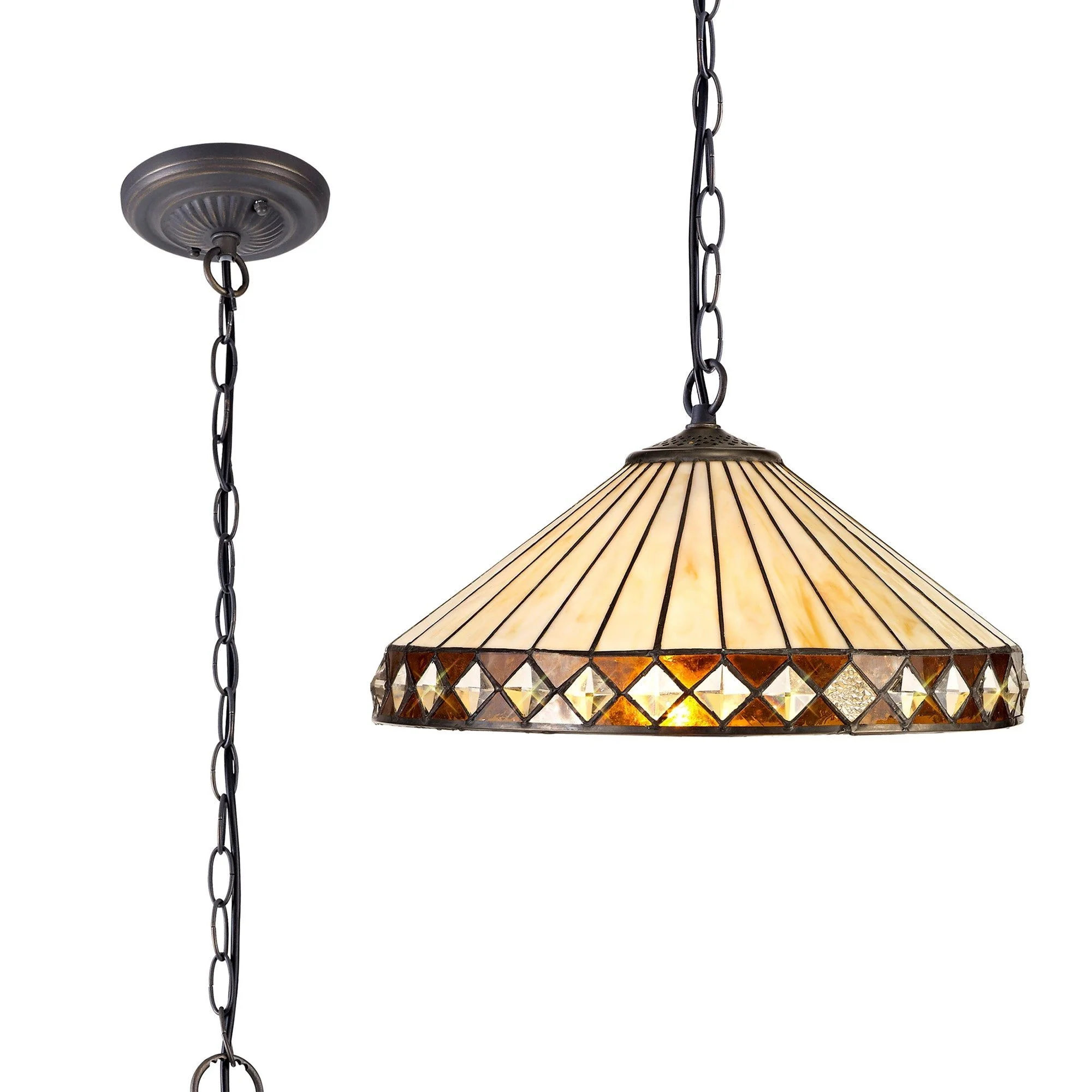 Tiffy 1 Light Downlighter Pendant E27 With 30cm Tiffany Shade, Amber/Cream/Crystal/Aged Antique Brass - Image 2