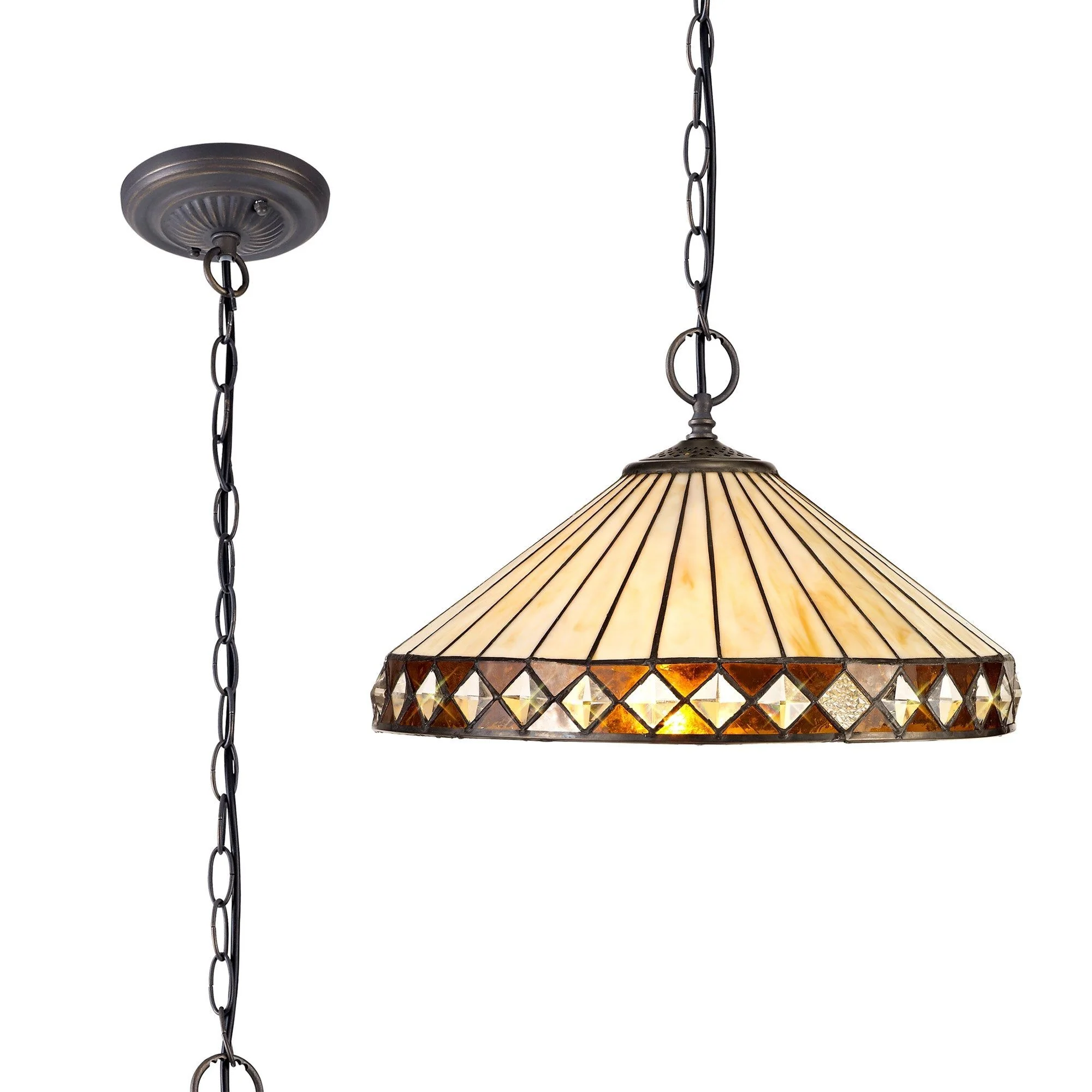 Tiffy 1 Light Downlighter Pendant E27 With 30cm Tiffany Shade, Amber/Cream/Crystal/Aged Antique Brass - Image 3