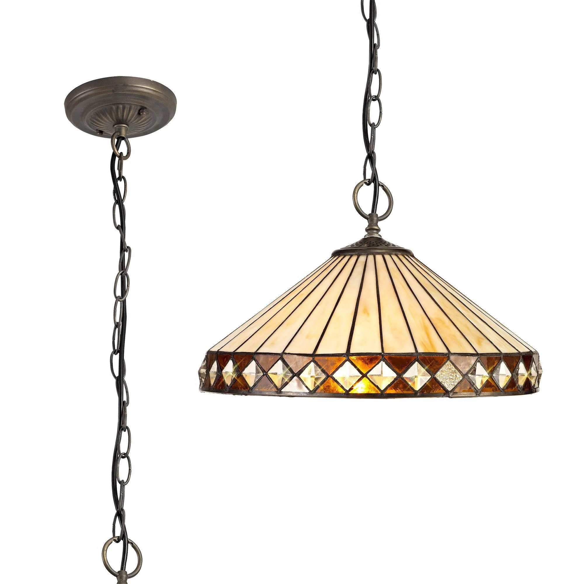 Tiffy 1 Light Downlighter Pendant E27 With 30cm Tiffany Shade, Amber/Cream/Crystal/Aged Antique Brass - Image 5