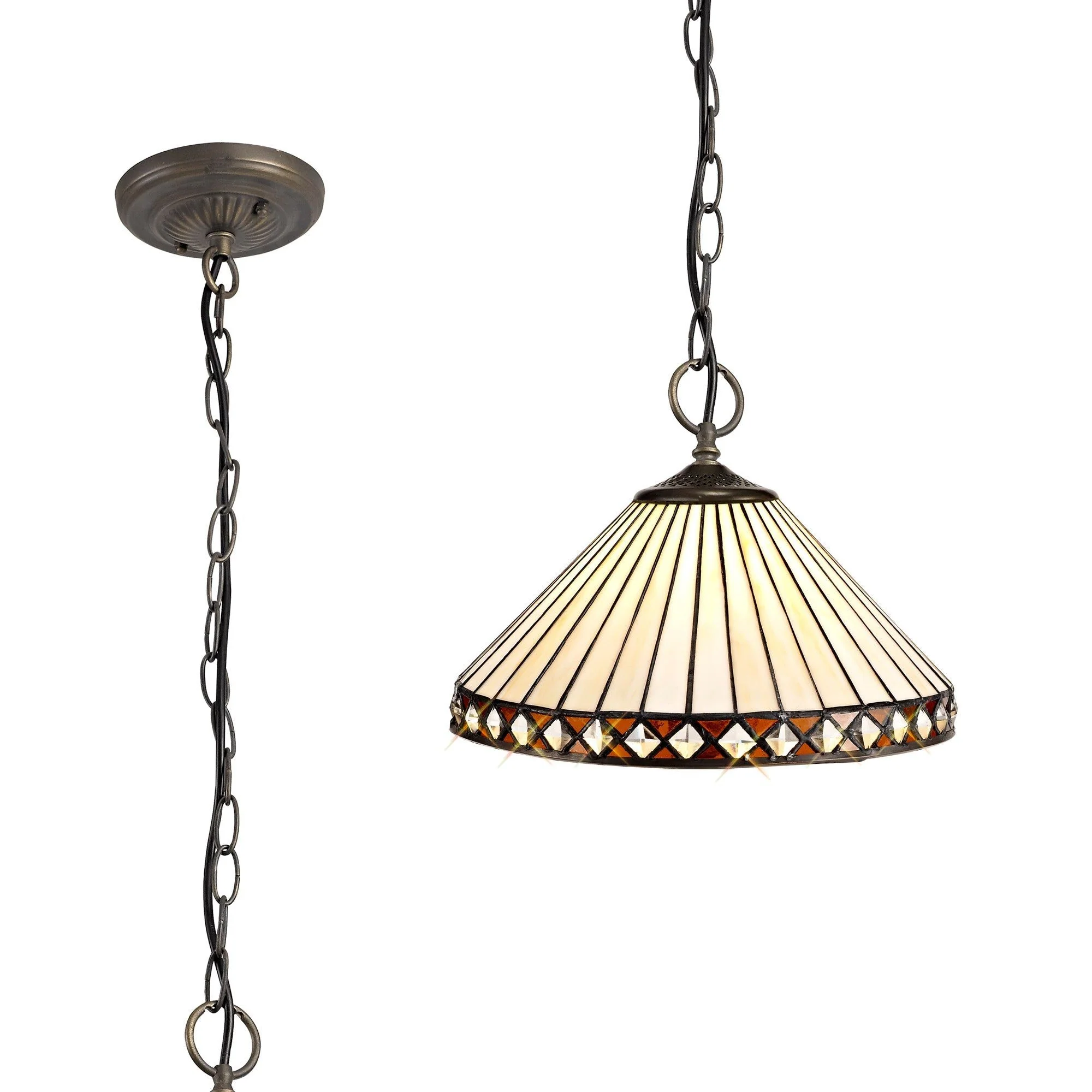 Tiffy 1 Light Downlighter Pendant E27 With 30cm Tiffany Shade, Amber/Cream/Crystal/Aged Antique Brass - Image 6