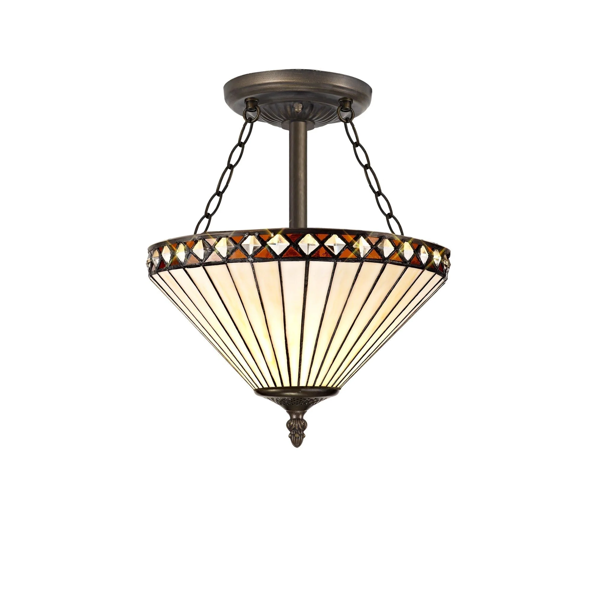 Tiffy 2/3 Light Semi Ceiling E27 With 30/40cm Tiffany Shade, Amber/Cream/Crystal/Aged Antique Brass - Image 2
