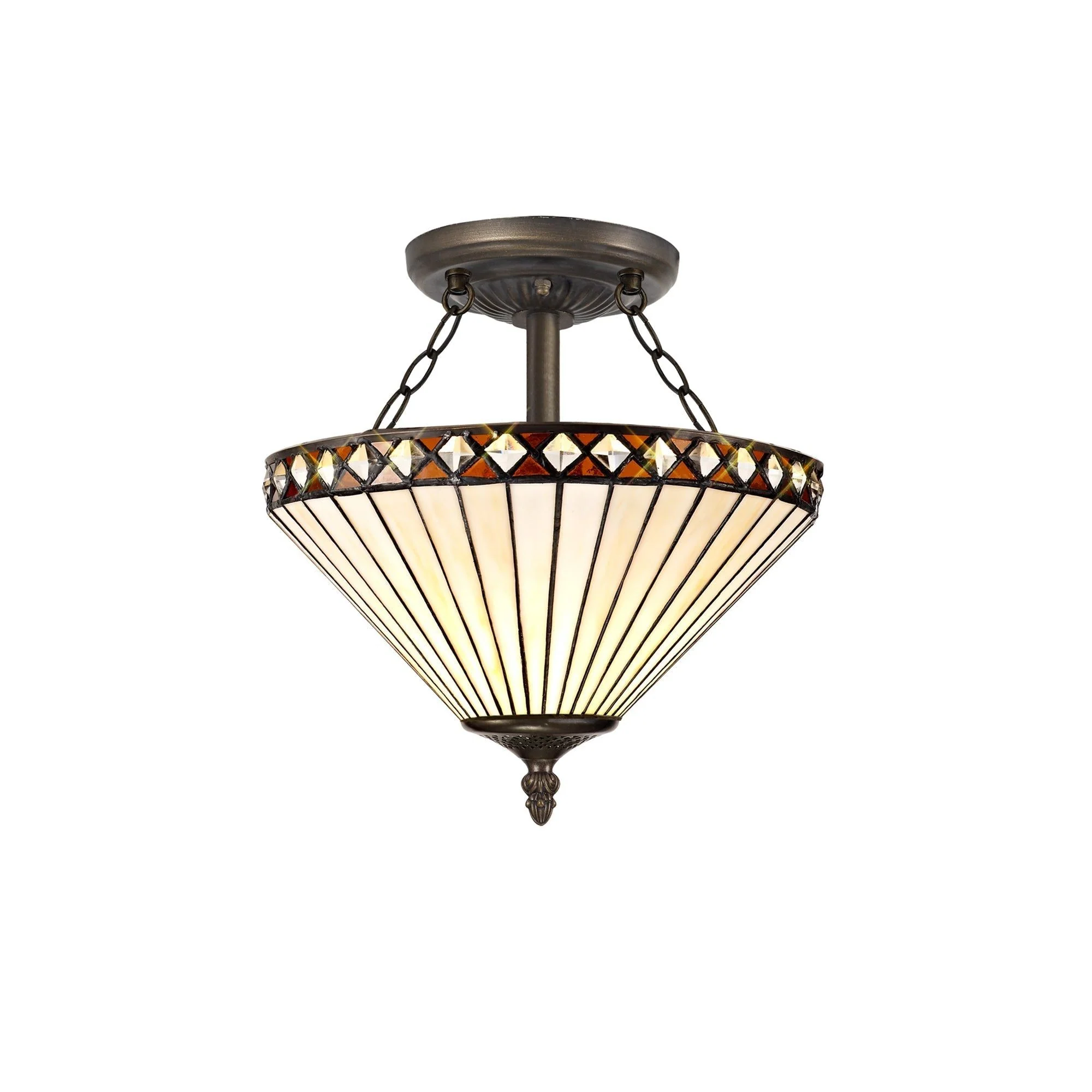 Tiffy 2/3 Light Semi Ceiling E27 With 30/40cm Tiffany Shade, Amber/Cream/Crystal/Aged Antique Brass - Image 3