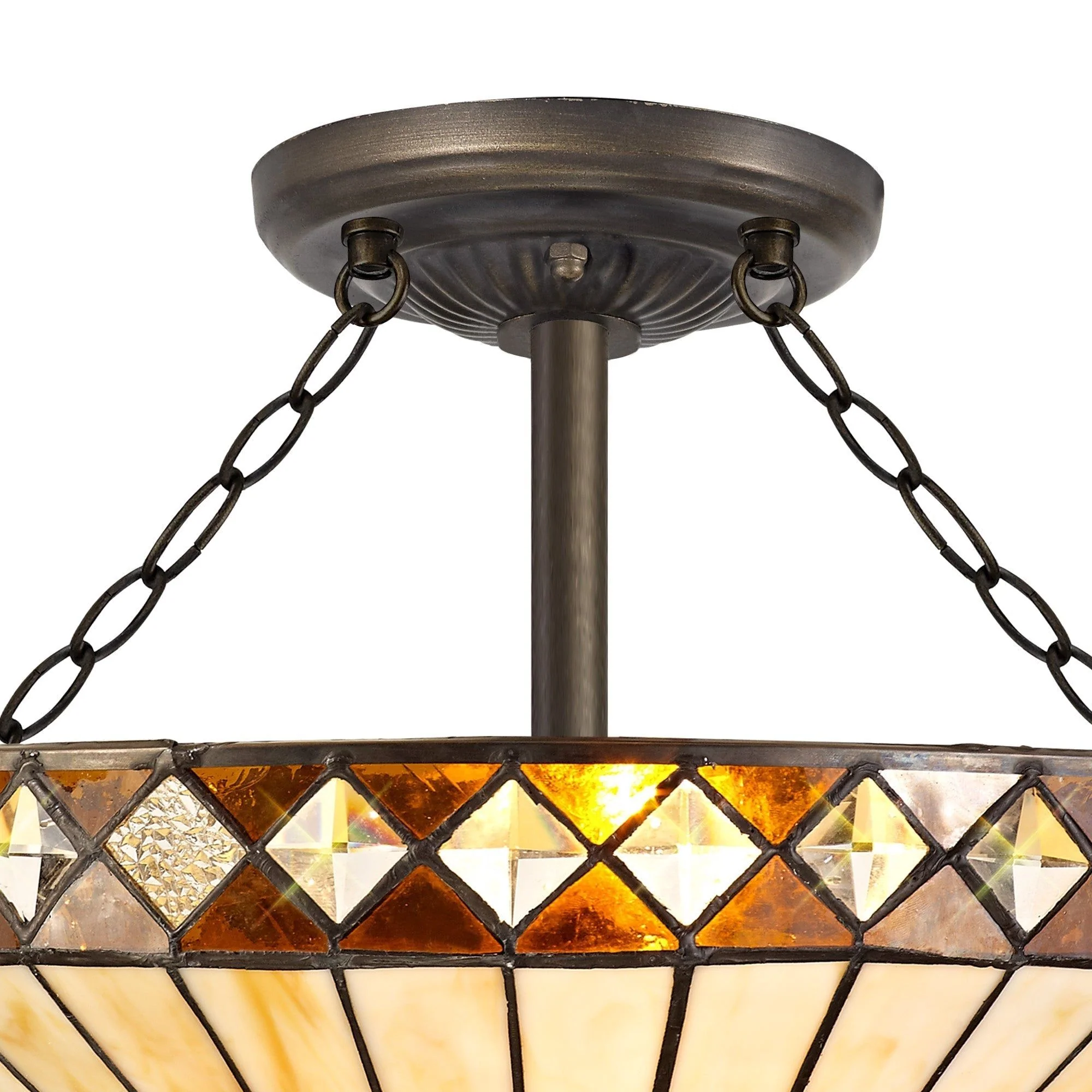 Tiffy 2/3 Light Semi Ceiling E27 With 30/40cm Tiffany Shade, Amber/Cream/Crystal/Aged Antique Brass - Image 5