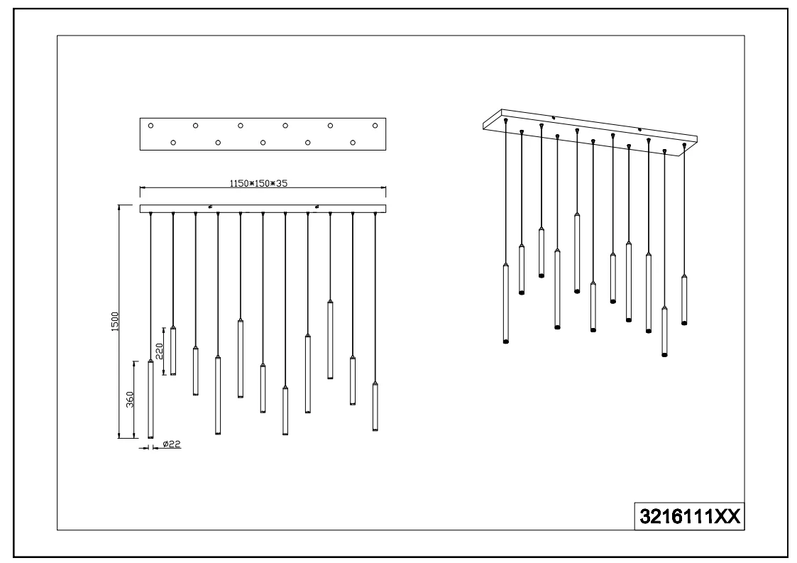 Tubular 11Lt LED Linear Pendant - Black - Image 2