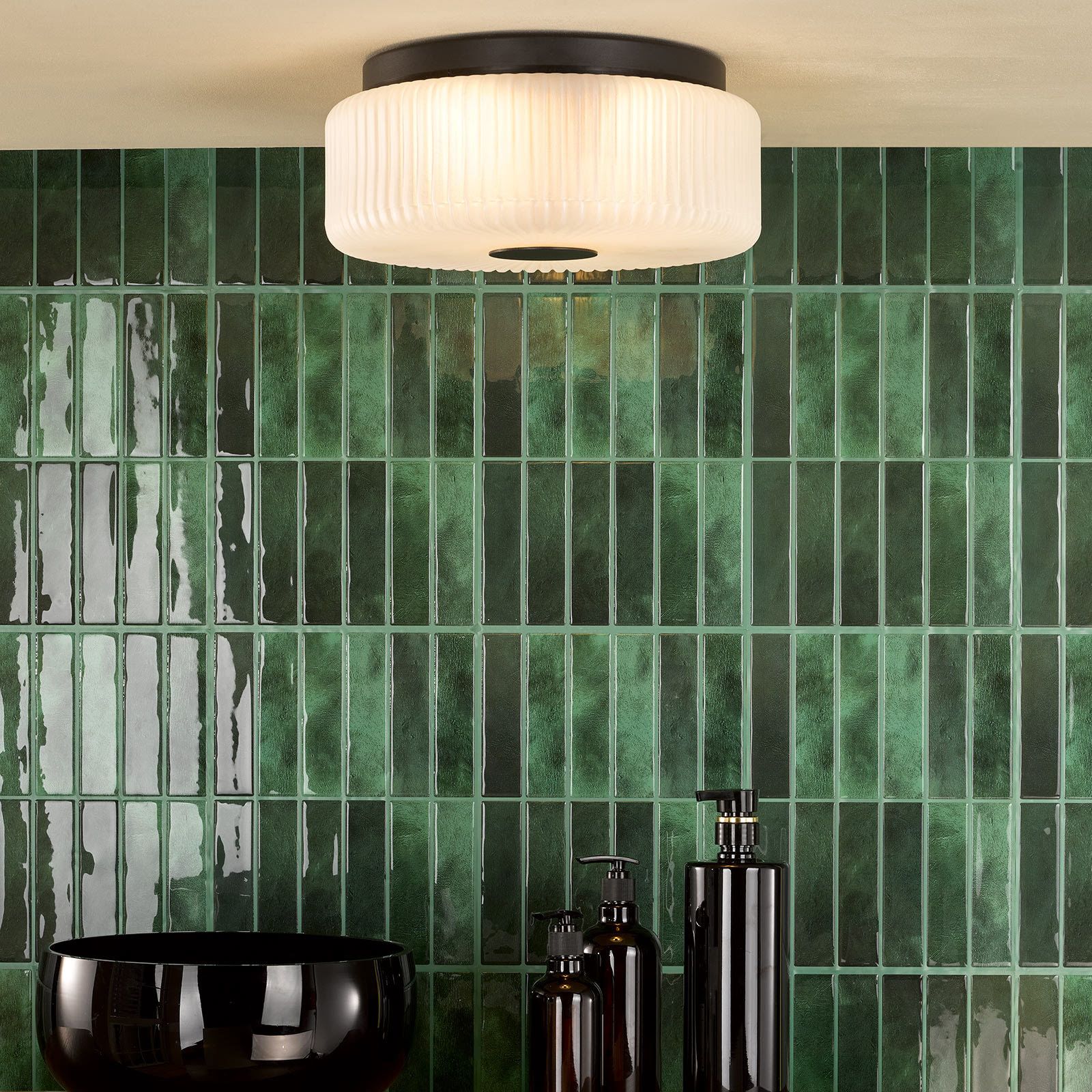 Twyman 3 Light Flush Ceiling Light IP44- Satin Black/ Polished Chrome Ribbed Glass Finishes - Image 4