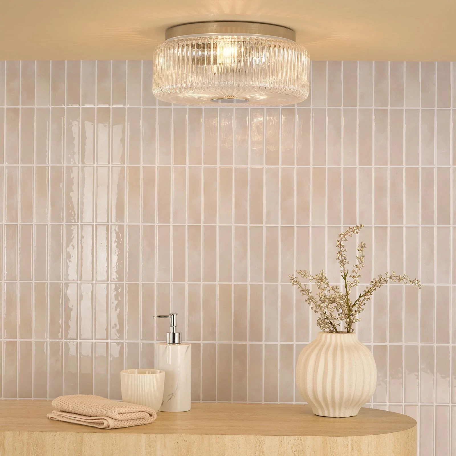 Twyman 3 Light Flush Ceiling Light IP44- Satin Black/ Polished Chrome Ribbed Glass Finishes - Image 8